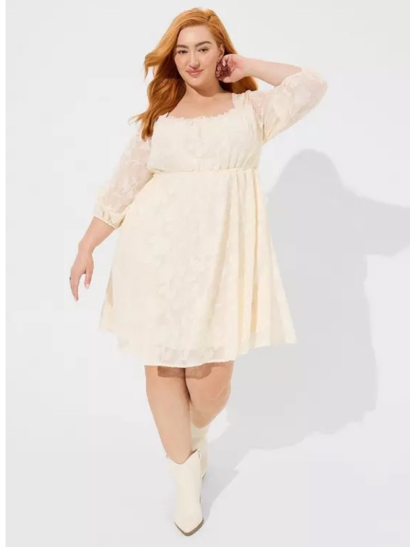 Torrid Floral Square Neck Elastic Waist Tiered A-Line Mini Dress Boho Cream 2x